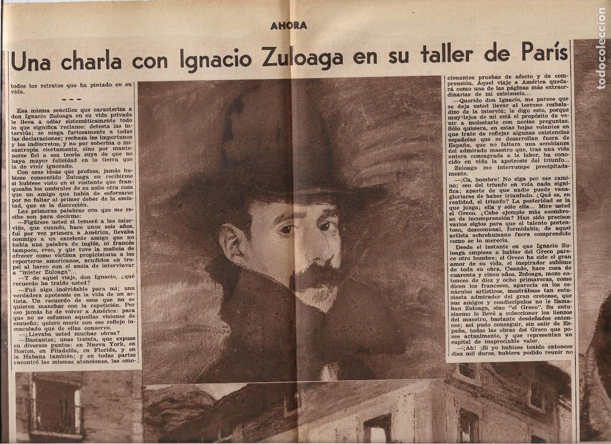 Coleccionismo: A&Ntilde;O 1933 RECORTE PRENSA PINTURA ENTREVISTA PINTOR IGNACIO ZULOAGA EN PARIS OBRAS PLAZA DE NAJERA