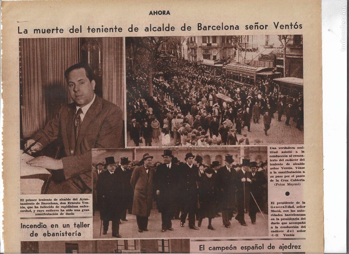 Coleccionismo: A&Ntilde;O 1933 RECORTE PRENSA MUERTE ENTIERRO ERNESTO VENTOS TENIENTE DE ALCALDE DE BARCELONA