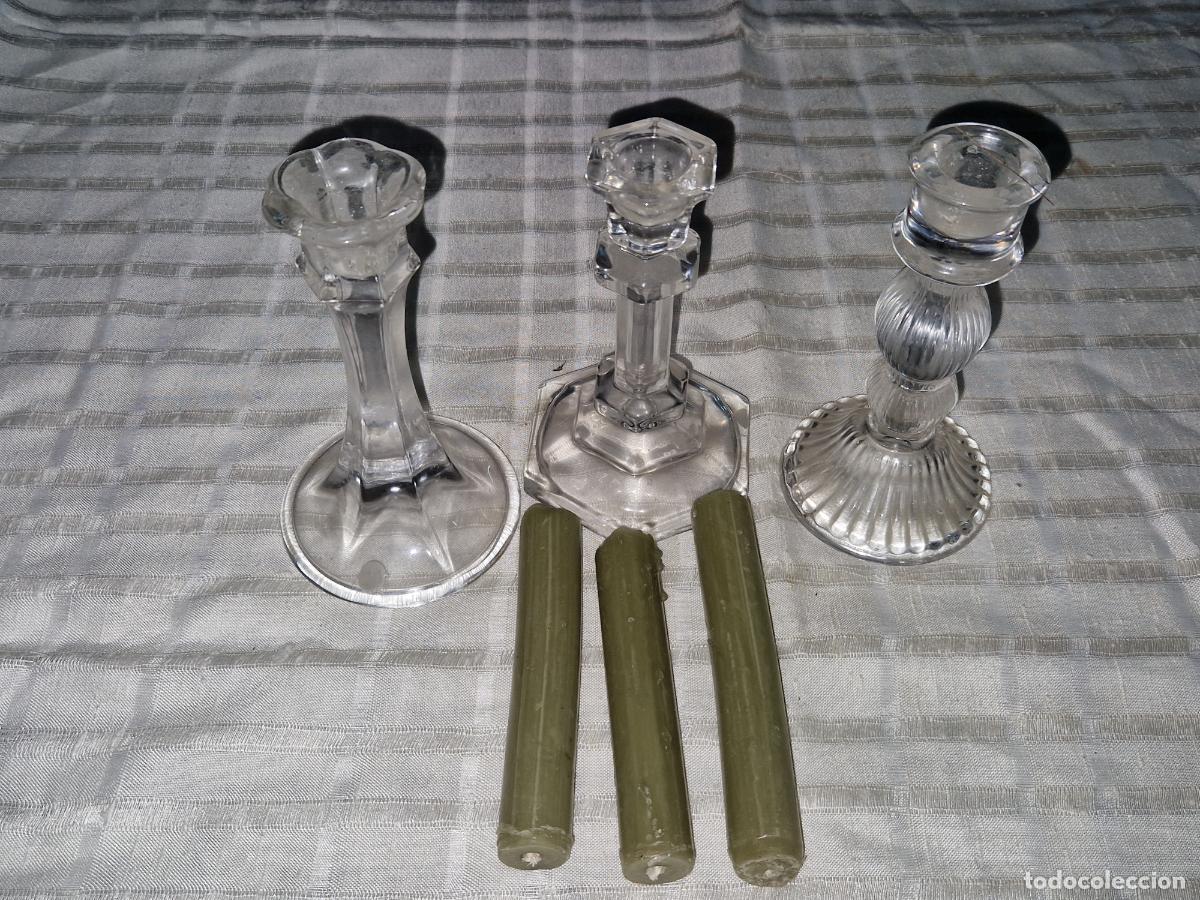 Coleccionismo: 3 BONITOS CANDELAUROS DE CRISTAL.