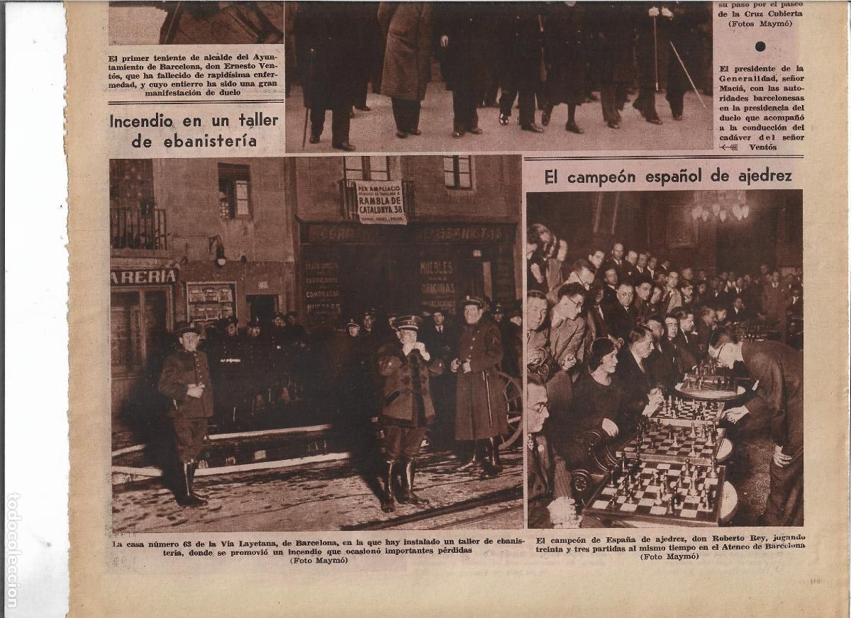 Coleccionismo: A&Ntilde;O 1933 RECORTE PRENS BARCELONA ROBERTO REY CAMPEON DE ESPA&Ntilde;A AJEDREZ 3 PARTIDAS SIMULTANEAS ATENE0