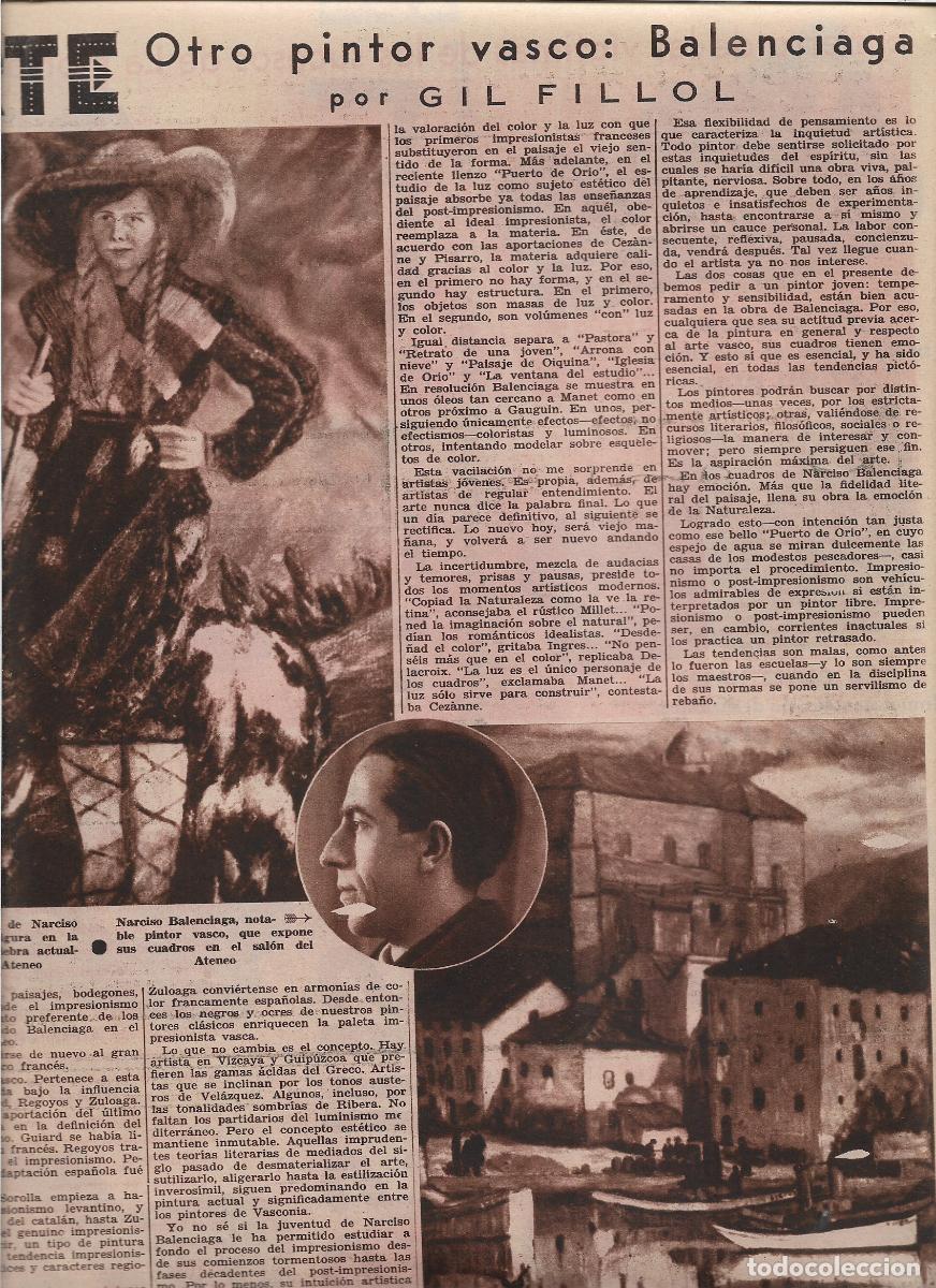 Coleccionismo: A&Ntilde;O 1933 RECORTE PRENSA PINTURA NARCISO BALENCIAGA PINTOR VASCO OBRAS PUERTO DE ORIA PASTORA