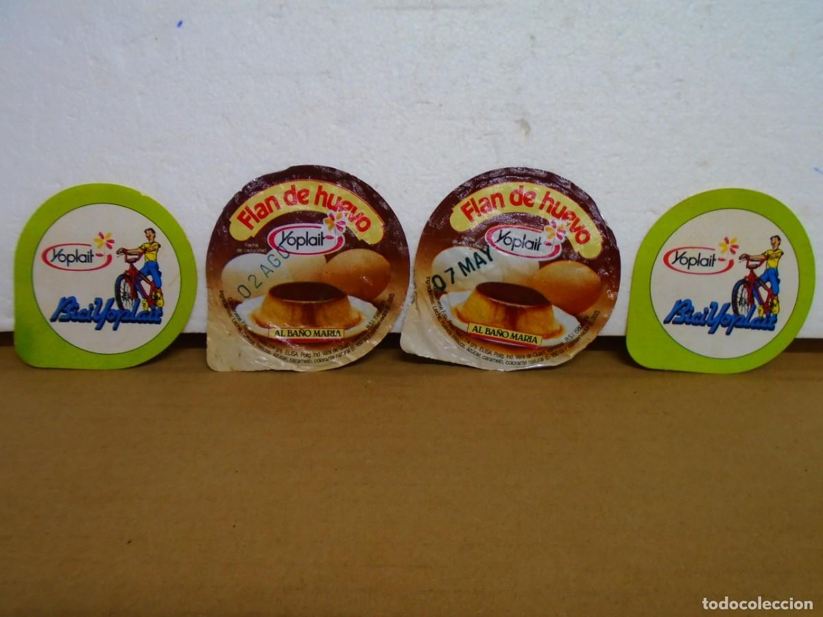 Coleccionismo: LOTE DE 2 TAPAS DE ALUMINIO DE YOPLAIT(FLAN)Y 2 ETIQUETAS ADHESIVAS BICIYOPLAIT.A&Ntilde;OS 80.