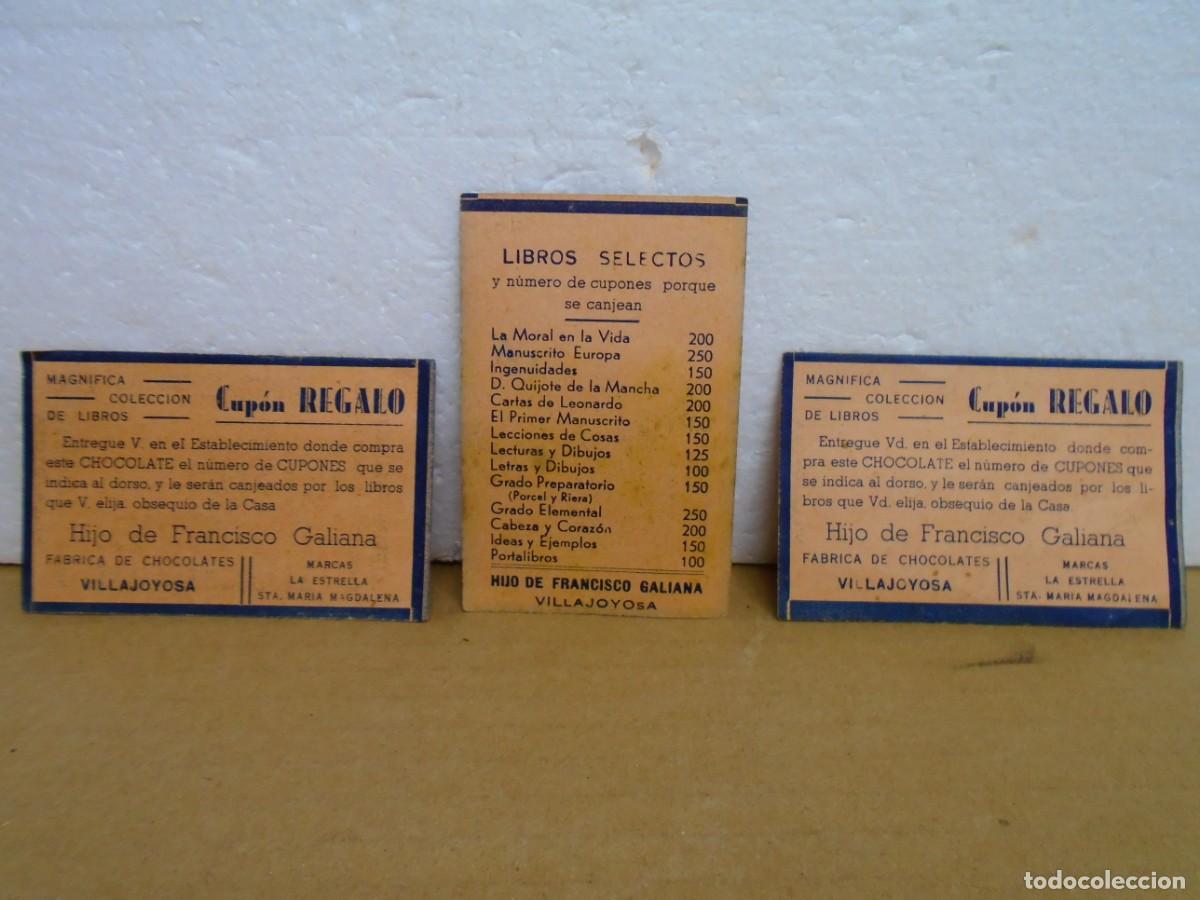 Coleccionismo: FABRICA DE CHOCOLATES&rdquo;HIJO DE FCO.GALIANA&rdquo;VILLAJOYOSA(ALICANTE)3 CUPONES REGALO,A&Ntilde;OS 50.