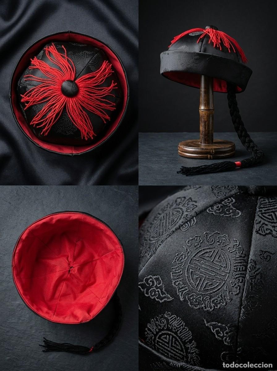 Coleccionismo: Gorro Tradicional Chino Dinast&iacute;a Qing con trenza - Sat&eacute;n Negro y Rojo