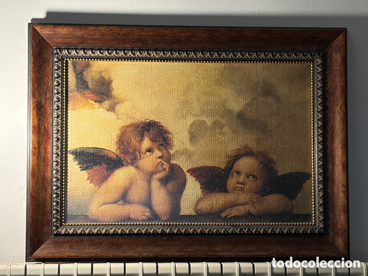 Coleccionismo: Cuadro Puzle &rdquo;&Aacute;ngeles de Rafael&rdquo; (Madonna Sixtina) - Enmarcado en madera noble
