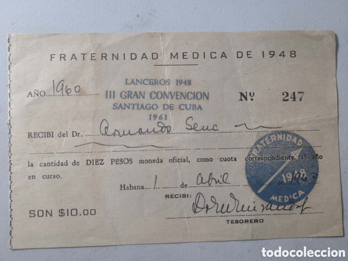 Coleccionismo: Cuba,recibo fraternidad m&eacute;dica de 1948