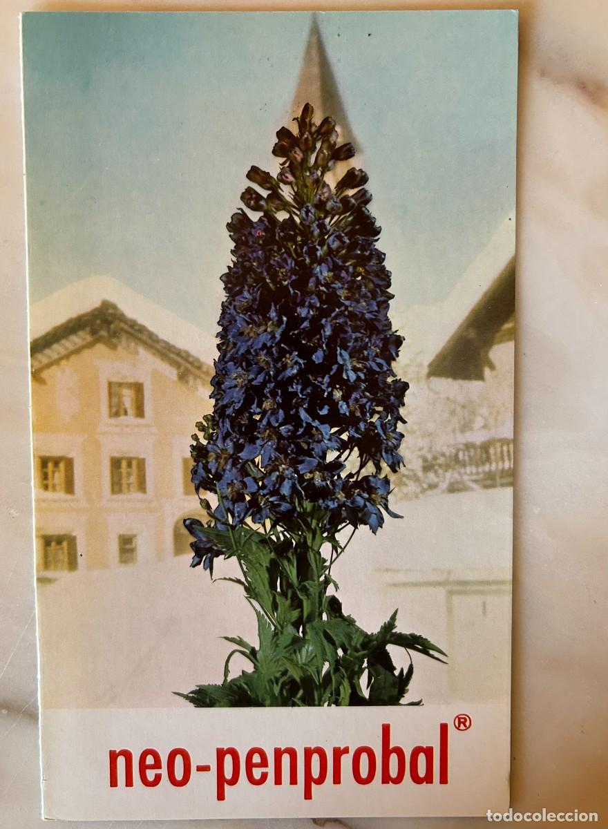 Coleccionismo: DELPHINIUM ELATUM CON FONDO DE IMAGEN DE PUEBLO - L&Aacute;MINA PUBLICITARIA NEO-PENPROBAL MADE 1975