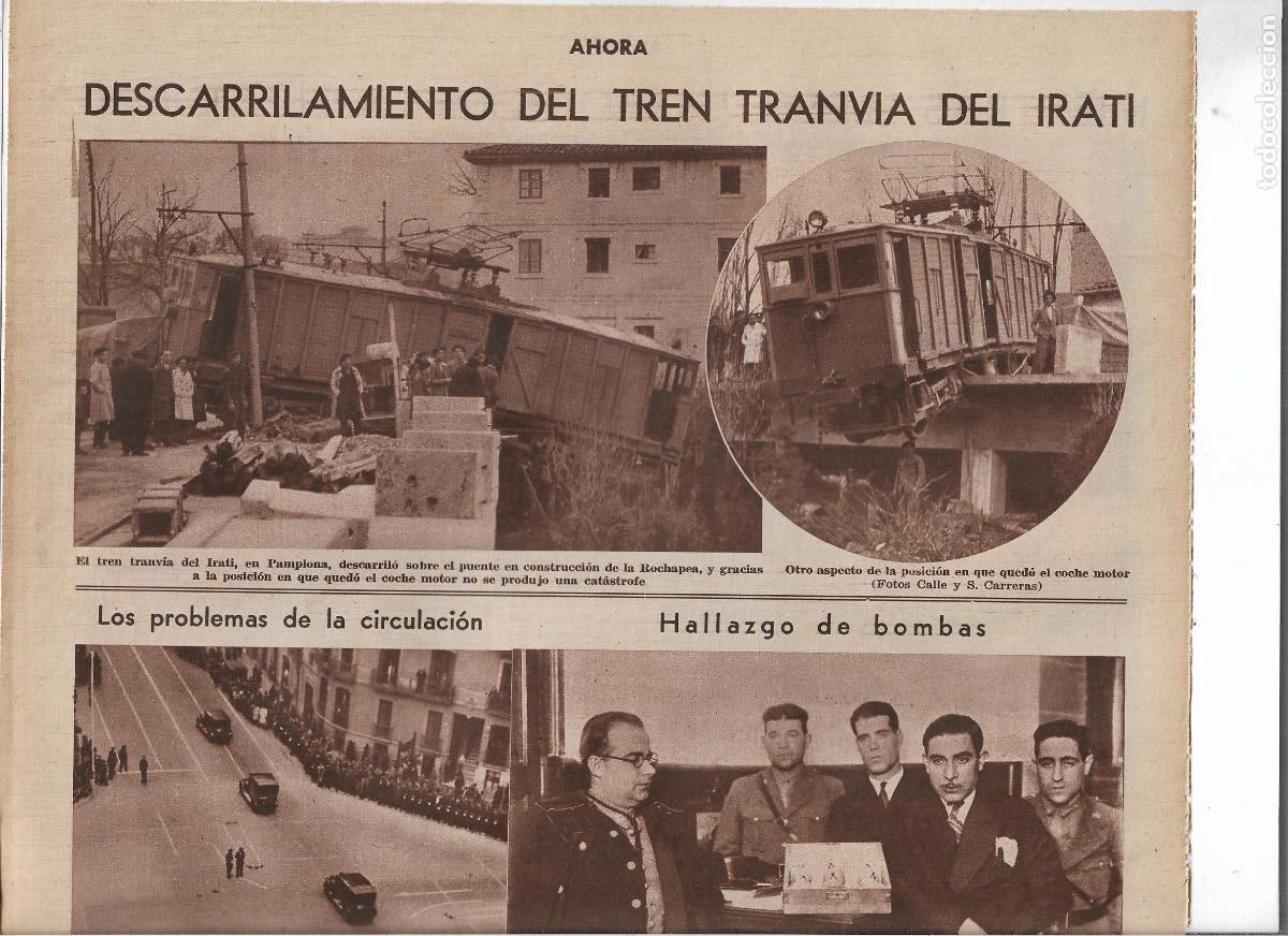 Coleccionismo: A&Ntilde;O 1933 RECORTE PRENSA PAMPLONA DESCARRILAMIENTO DEL TREN TRANVIA DEL IRATI PUENTE DE LA ROCHAPEA