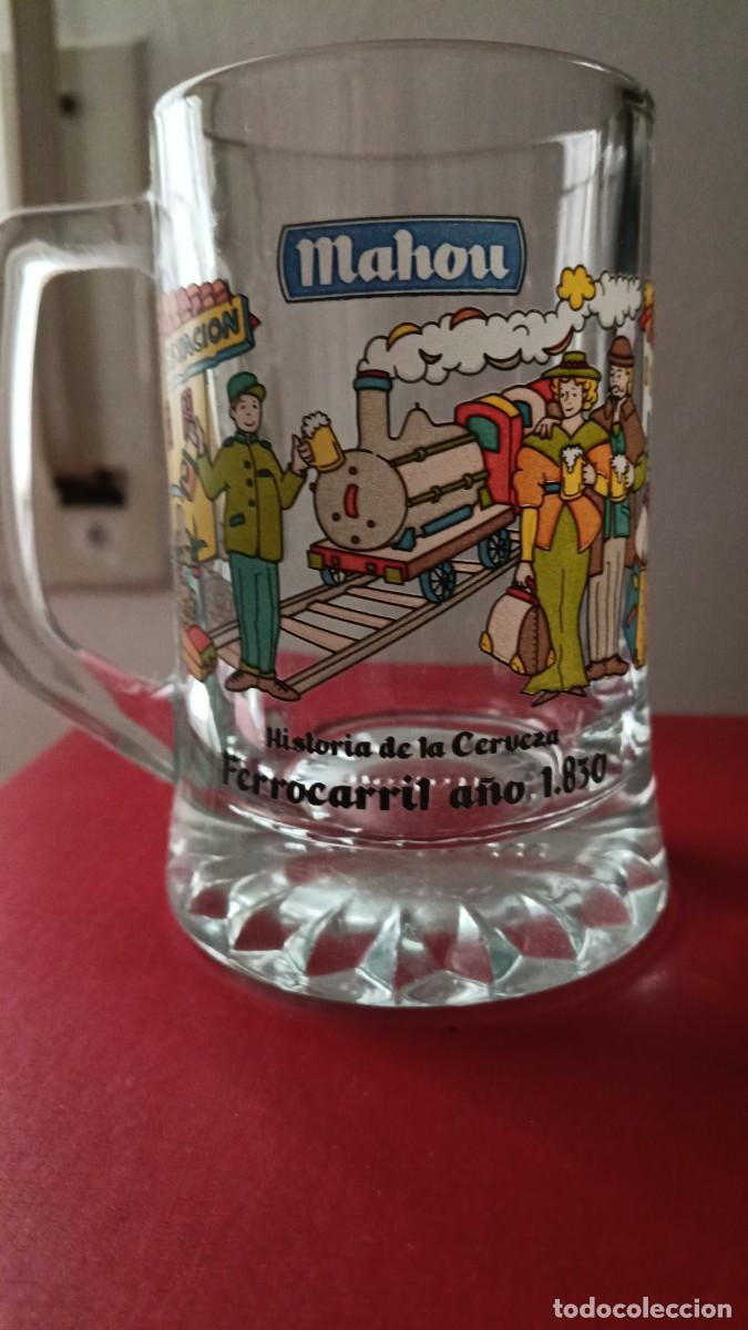 Coleccionismo: Jarra vaso cerveza mahou, historia de la cerveza. Ferrocarril 1983
