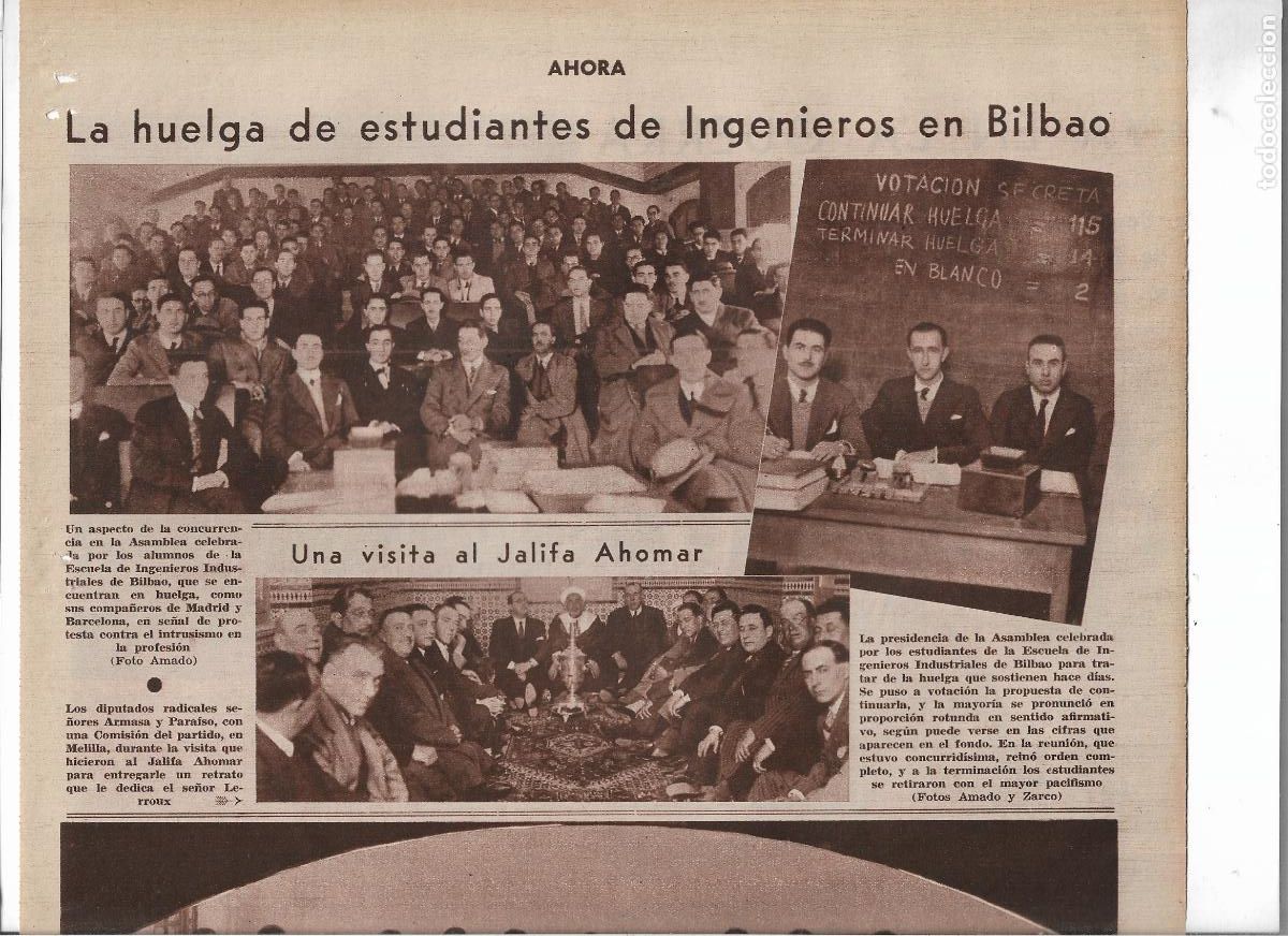 Coleccionismo: A&Ntilde;O 1933 RECORTE PRENSA BILBAO HUELGA DE ESTUDIANTES DE INGENIEROS INDUSTRIALES ASAMBLEA