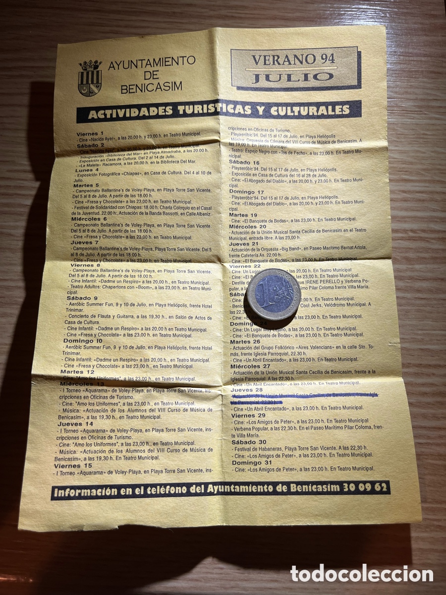 Coleccionismo: Folleto de Actividades Tur&iacute;sticas y Culturales. Ayuntamiento de BENICASIM. Julio 1994. Benicassim