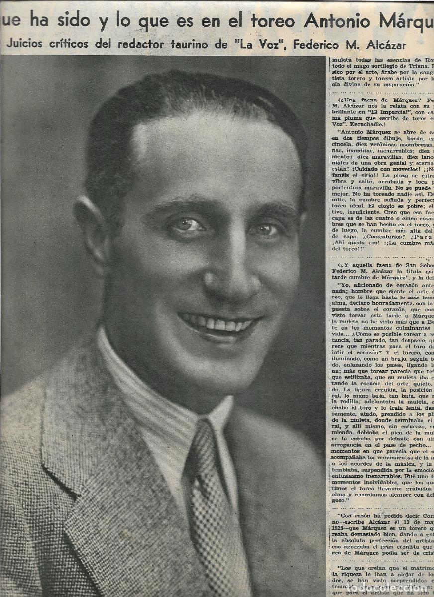 Coleccionismo: A&Ntilde;O 1933 RECORTE PRENSA TOREO ANTONIO MARQUEZ TORERO FAMOSO MATADOR DE TOROS
