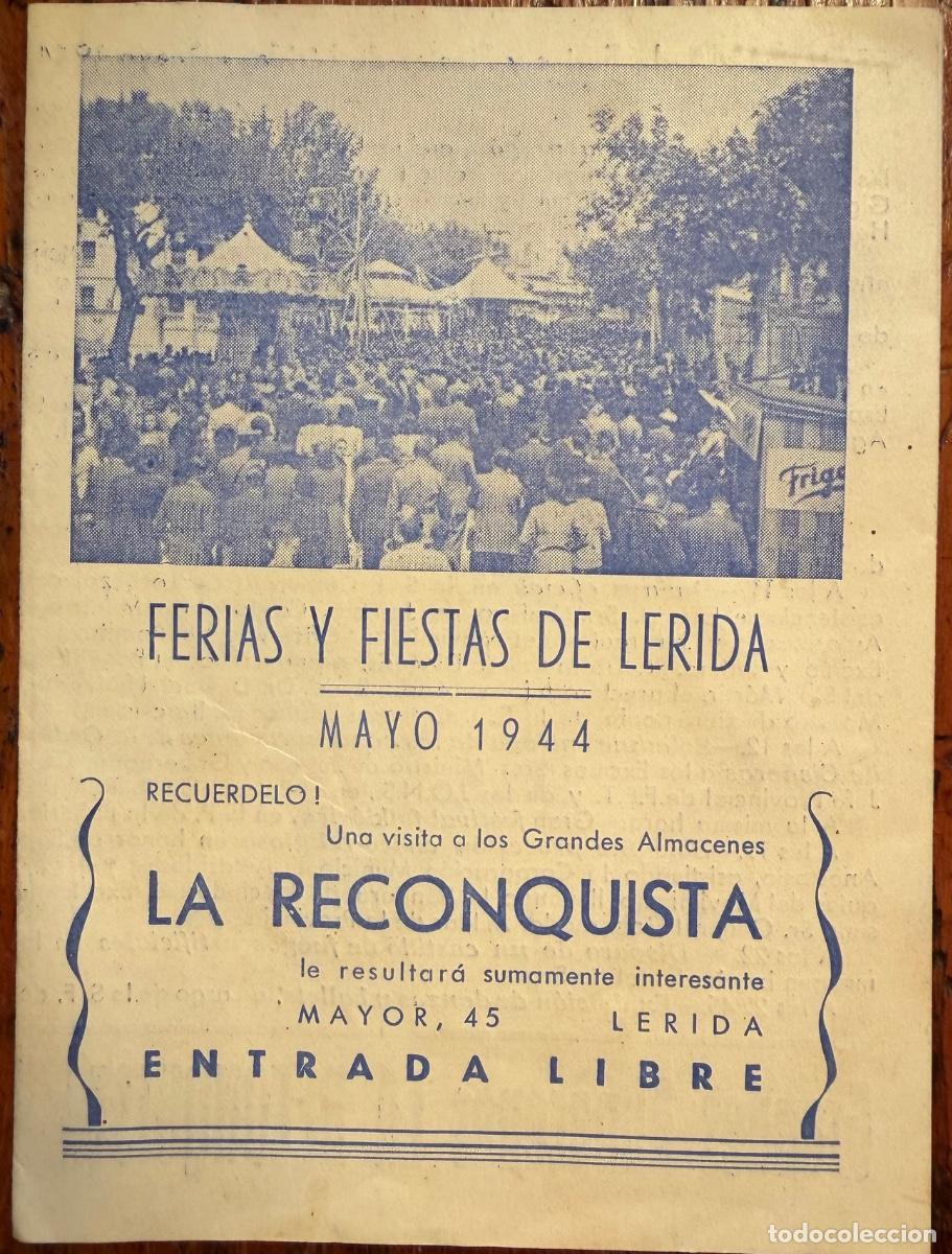 Coleccionismo: PROGRAMA FIESTAS DE LERIDA MAYO 1944, PUBLICIDAD GRANDES ALMACENES LA RECONQUISTA.