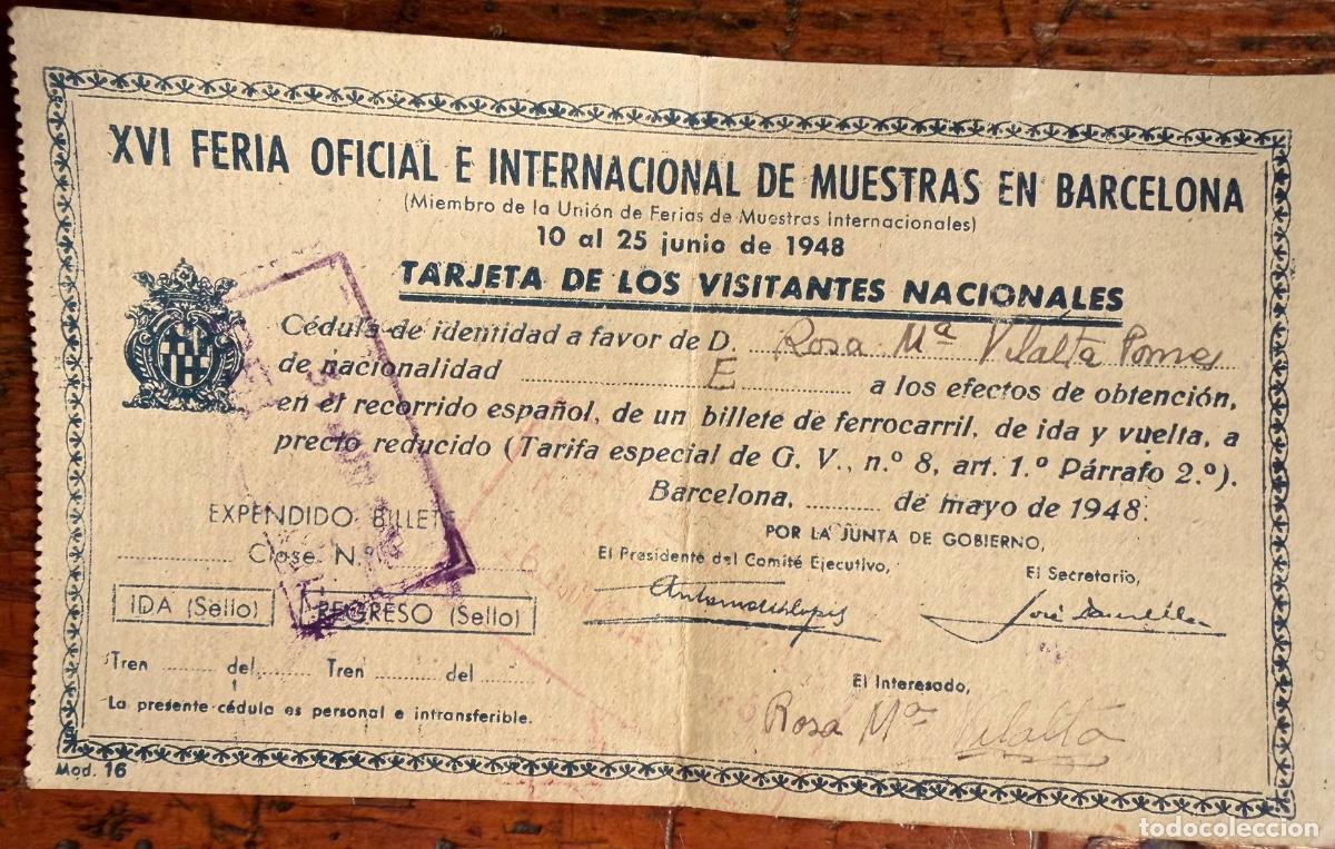 Colecionismo: TARGETA DE LOS VISITANTES NACIONALES, XVI FERIA OFICIAL E INTERNACIONAL MUESTRAS BARCELONA 1948