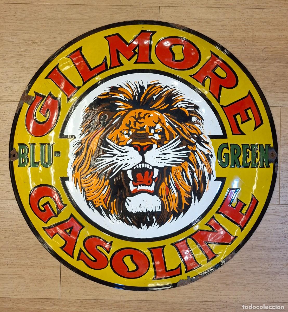 Coleccionismo: Plancha publicitaria de gasolina Gilmore en metal esmaltado convexo