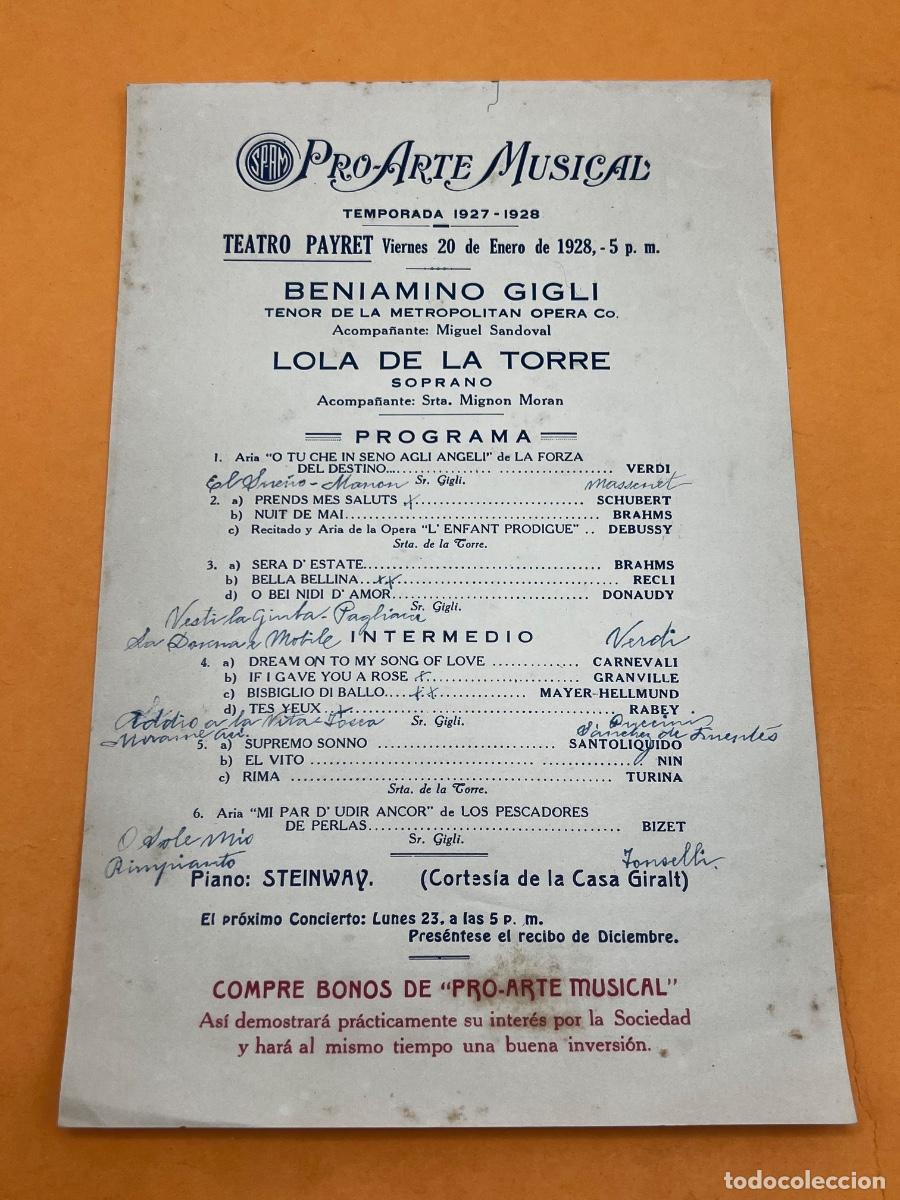 Coleccionismo: CUBA. 1927-1928. PRO-ARTE MUSICAL. TEATRO PAYRET. BENIAMINO GIGLI. LOLA DE LA TORRE. PROGRAMA.
