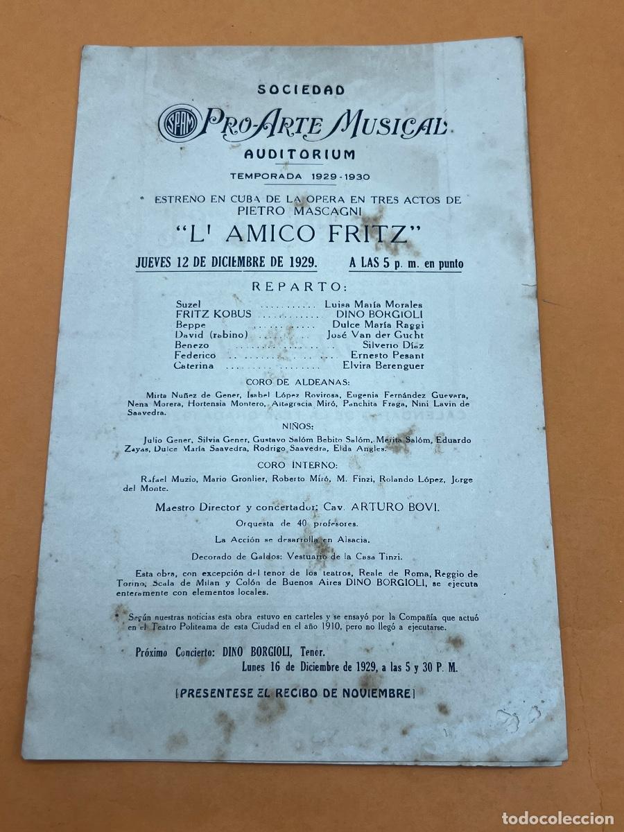 Coleccionismo: CUBA. 1929-1930. PRO-ARTE MUSICAL. TEATRO PAYRET. L&rsquo;AMICO FRITZ. PROGRAMA.