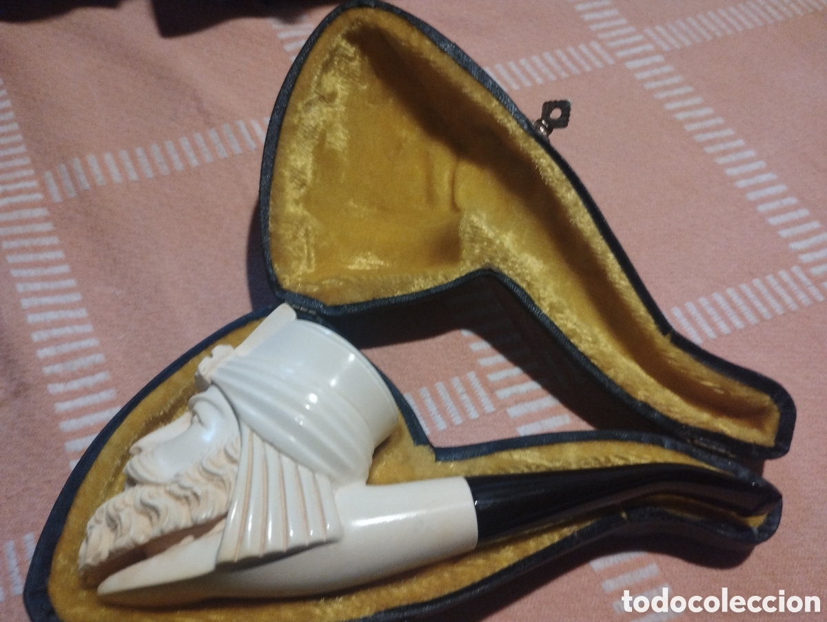 Coleccionismo: Antigua pipa de fumador de espuma de mar 20cm con su funda