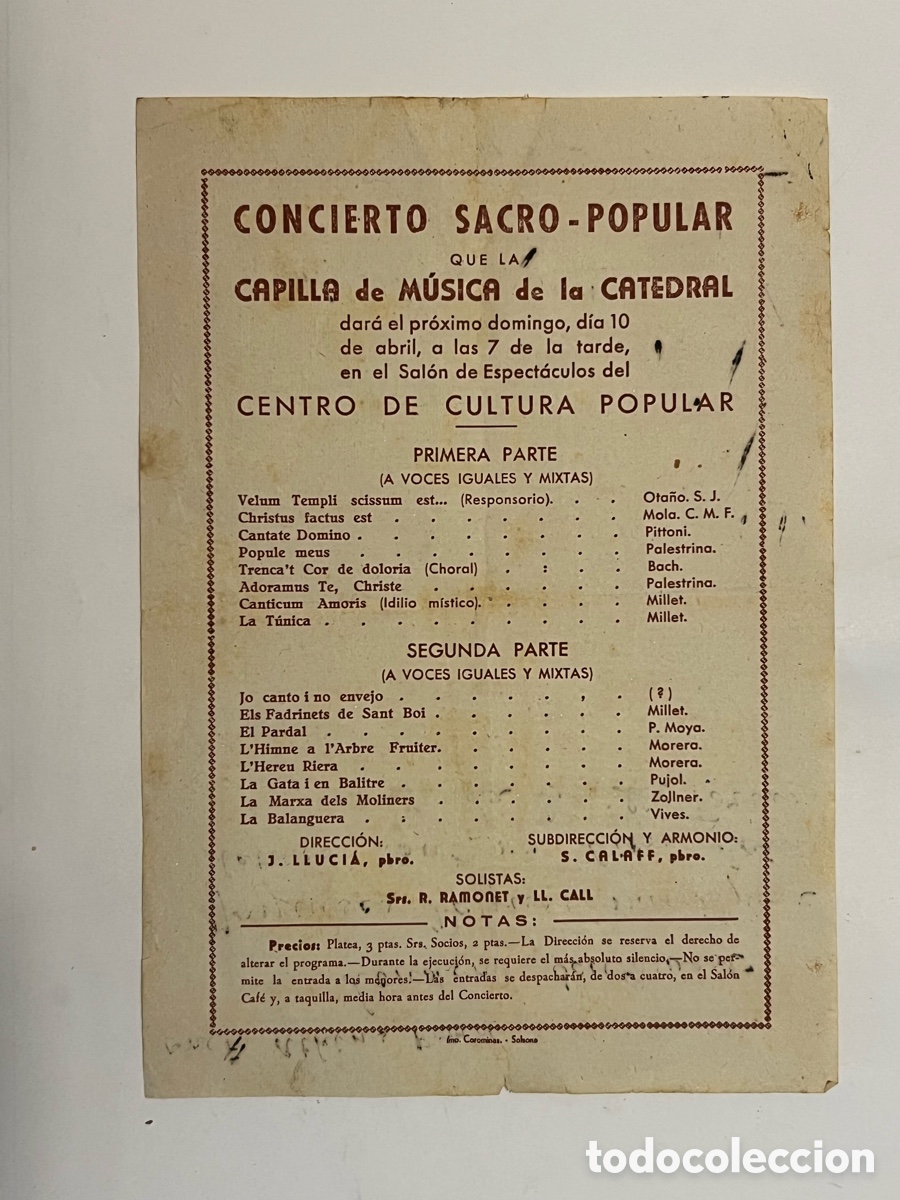 Coleccionismo: BARCELONA. Concierto Sacro-Popular organizado por la Capilla de M&uacute;sica de una catedral (h.1930?)