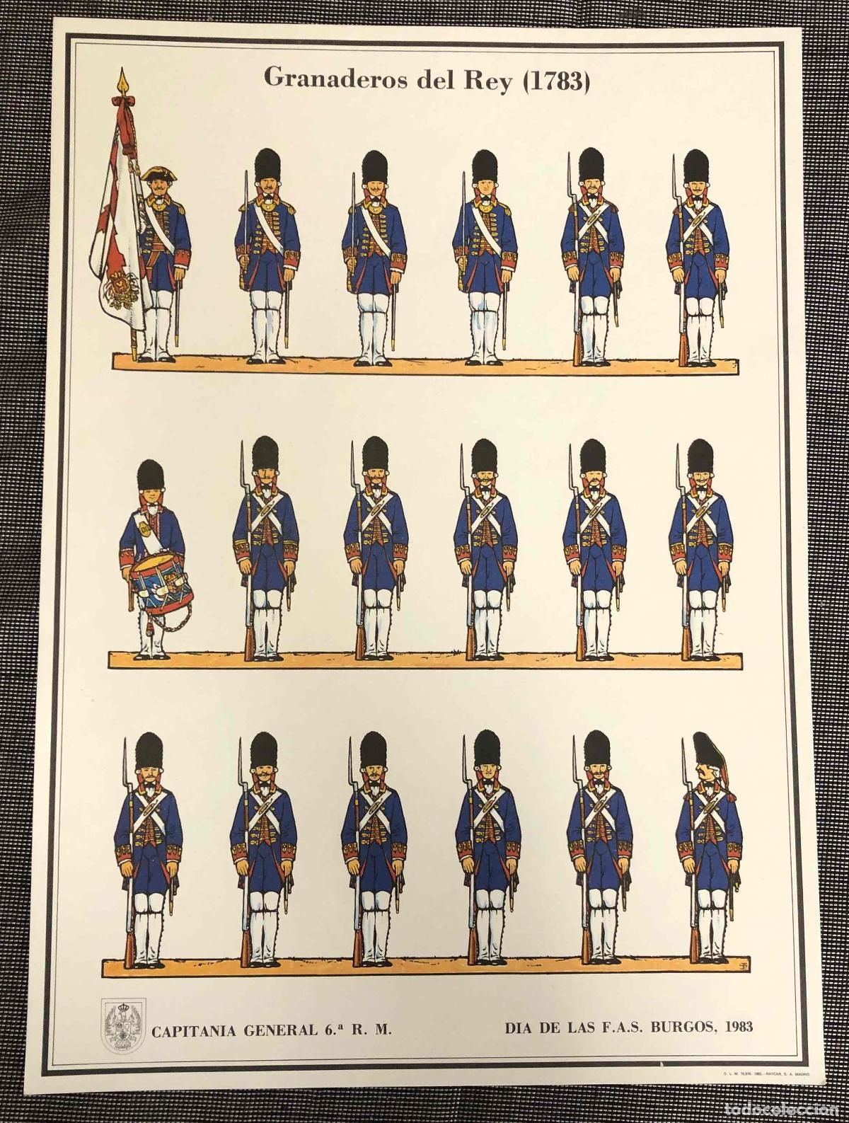Coleccionismo recortables: LAMINA GRANADEROS DEL REY (1783) CAPITANIA GENERAL 6&ordf; R.M. DIA DE LAS F.A.S. BURGOS 1983