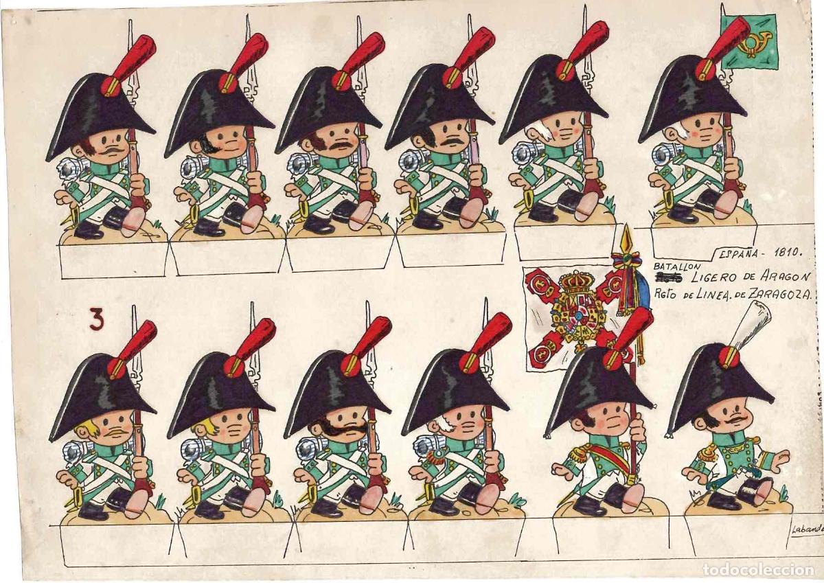 Coleccionismo recortables: DIBUJO ORIGINAL UTILIZADO PARA ILUSTRACION RECORTABLE BATALLON LIGERO ARAGON Y RETO LINEA ZARAGOZA