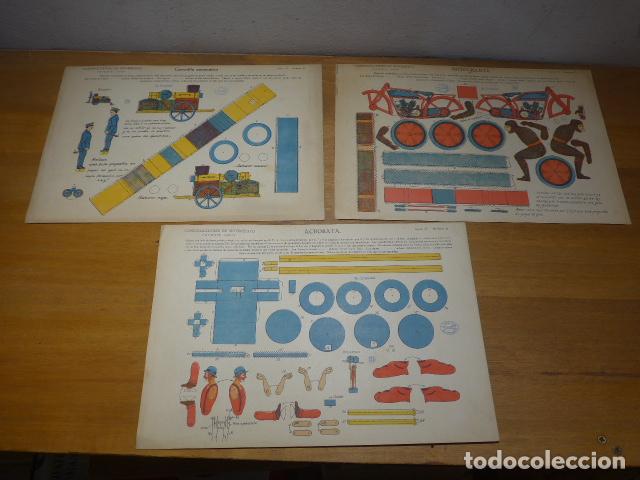 Coleccionismo recortables: Lote de 3 antiguos recortables Construcciones de movimiento: motocicleta, acrobata, carretilla autom