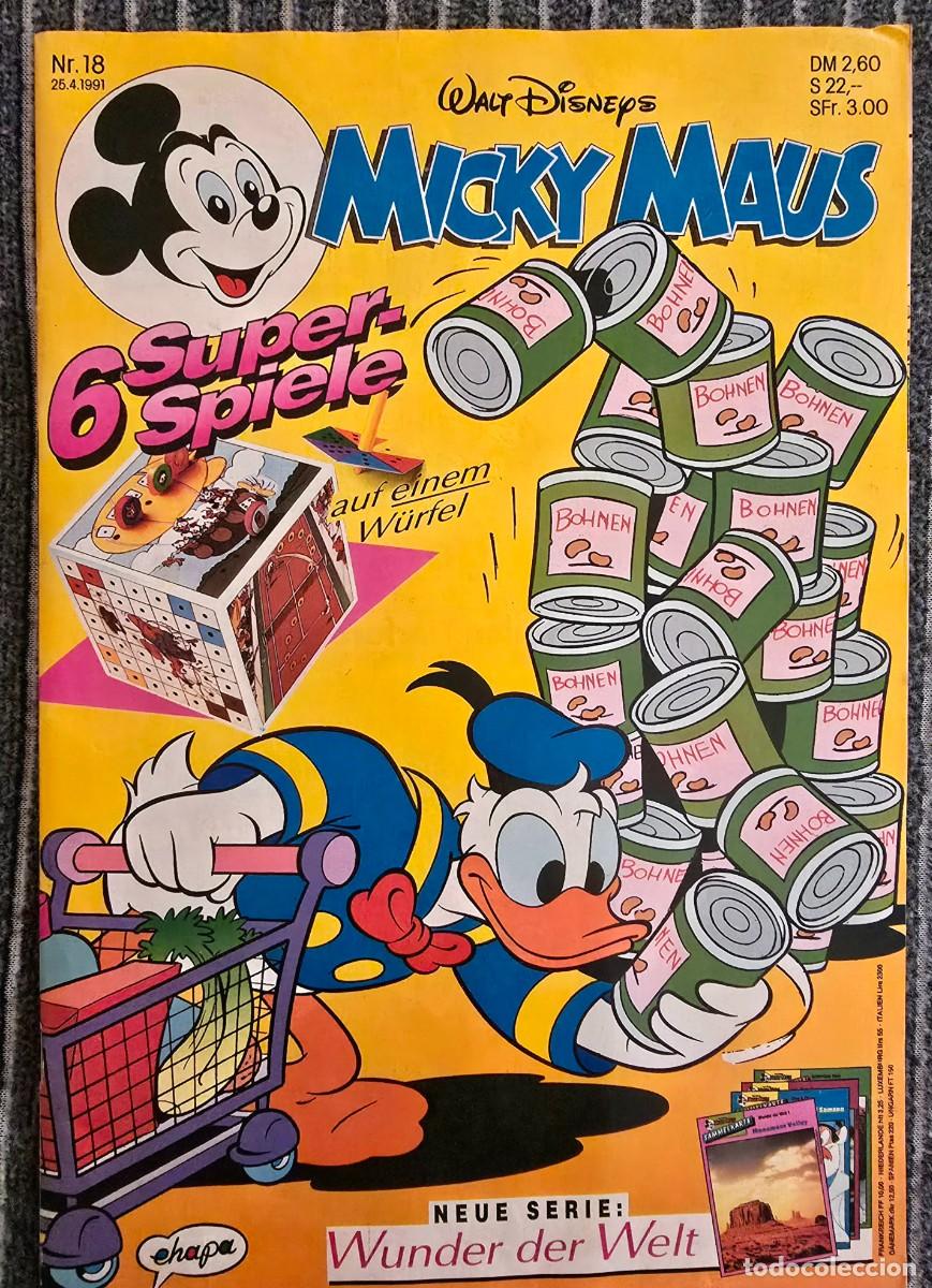 C&oacute;mics: Micky Maus Nr. 18 (1991) alem&aacute;n &middot; Spielew&uuml;rfel SIN troquelar + 4 Sammelkarten