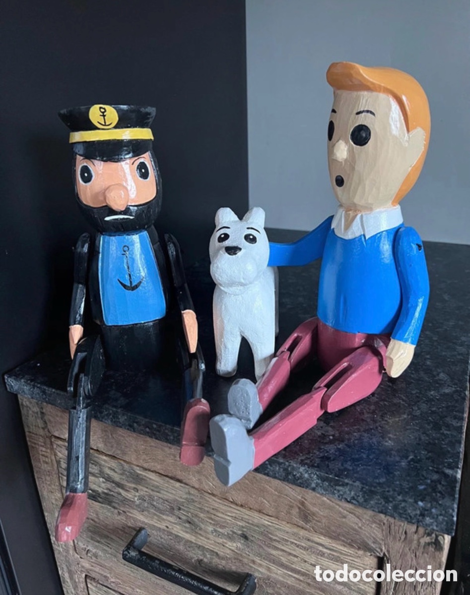C&oacute;mics: Lote 3 figuras de tint&iacute;n en madera