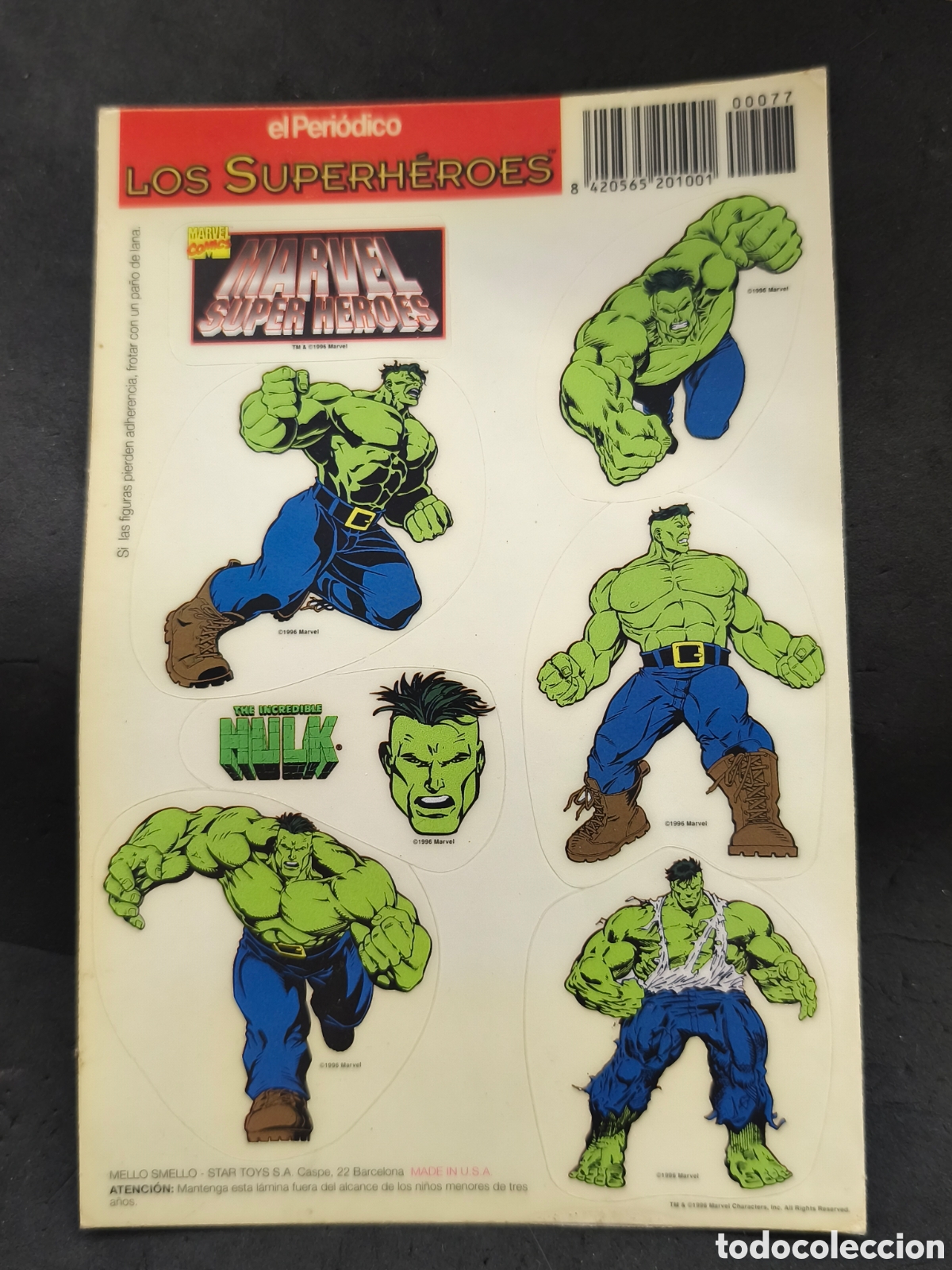 C&oacute;mics: Marvel 1996 Hulk los superh&eacute;roes l&aacute;mina con pegatinas