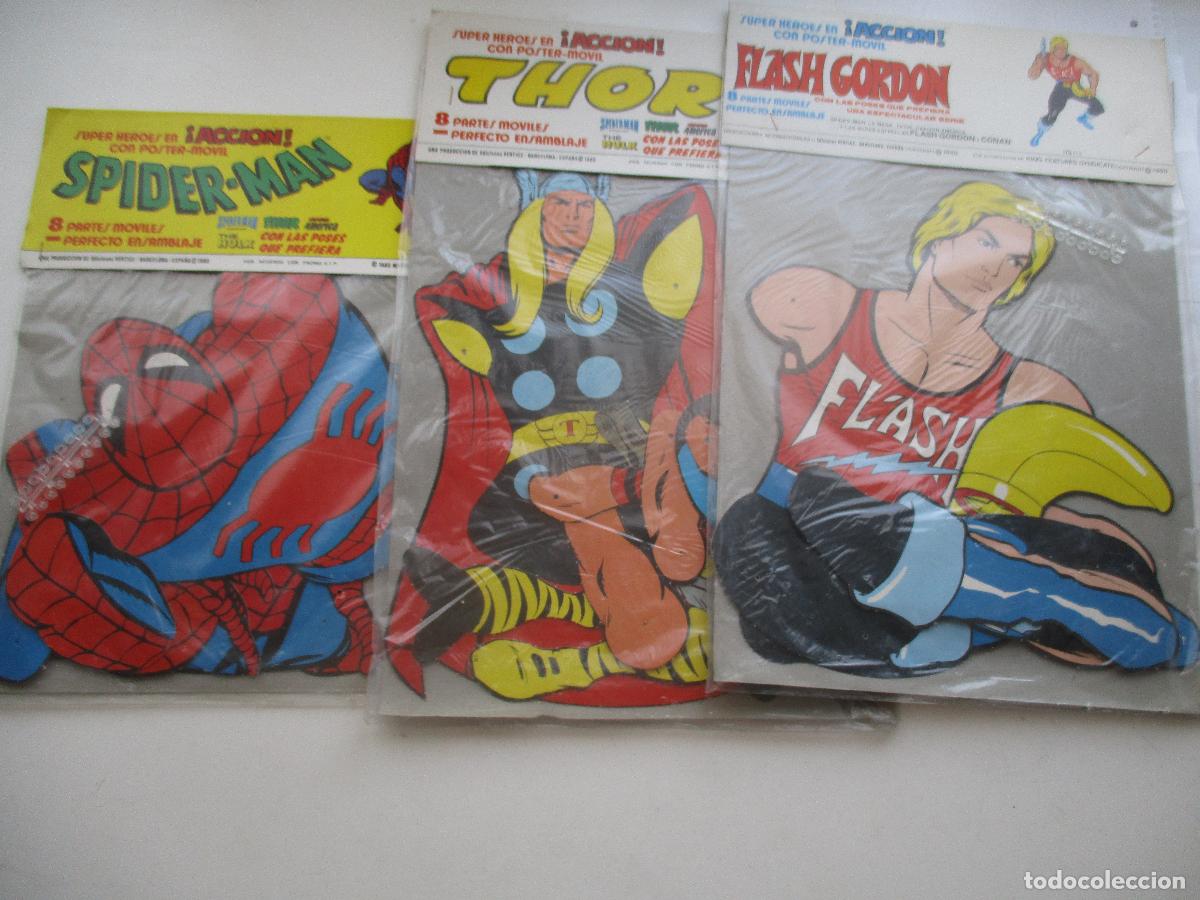 Comics: SPIDER-MAN + FLASH GORDON + THOR. 3 POSTERS-M&Oacute;VILLES; 8 PARTES M&Oacute;VILES. EDICIONES VERTICE 1980.