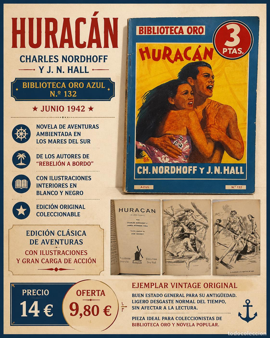 C&oacute;mics: HURAC&Aacute;N | CHARLES NORDHOFF Y J. NORMAN HALL | BIBLIOTECA ORO AZUL N.&ordm; 132 | JUNIO 1942