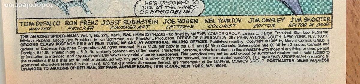 C&oacute;mics: SPIDER MAN, NUMERO 275, MARVEL,USA - Foto 4
