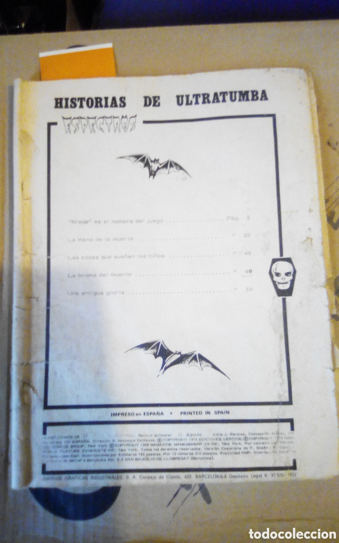 C&oacute;mics: Historias de ultratumba. Espectros. Mundi C&oacute;mics, n&deg; 37. Ediciones V&eacute;rtice 1974. Sin tapas.