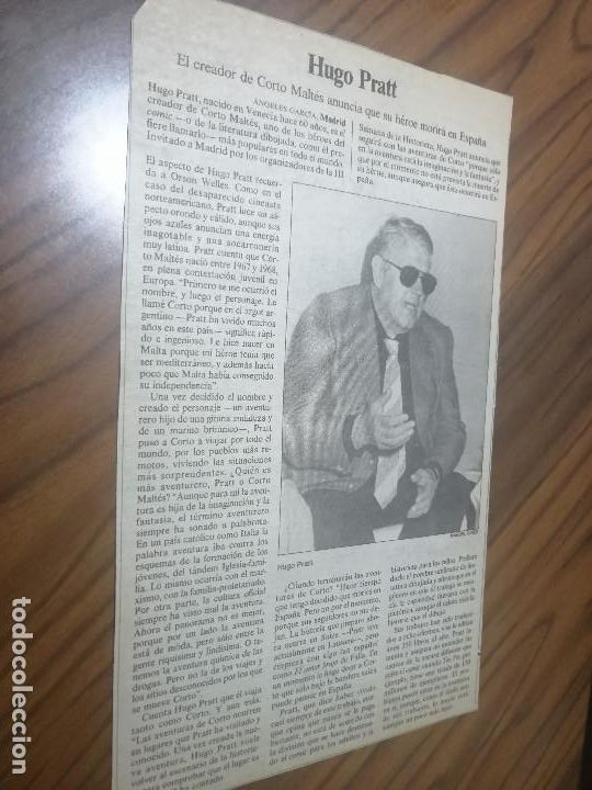 Comics: HUGO PRATT. ENTREVISTA DE EL PAIS. ANGELES GARCIA. RECORTE PERI&Oacute;DICO. SIN FECHA. BUEN ESTADO. C-12