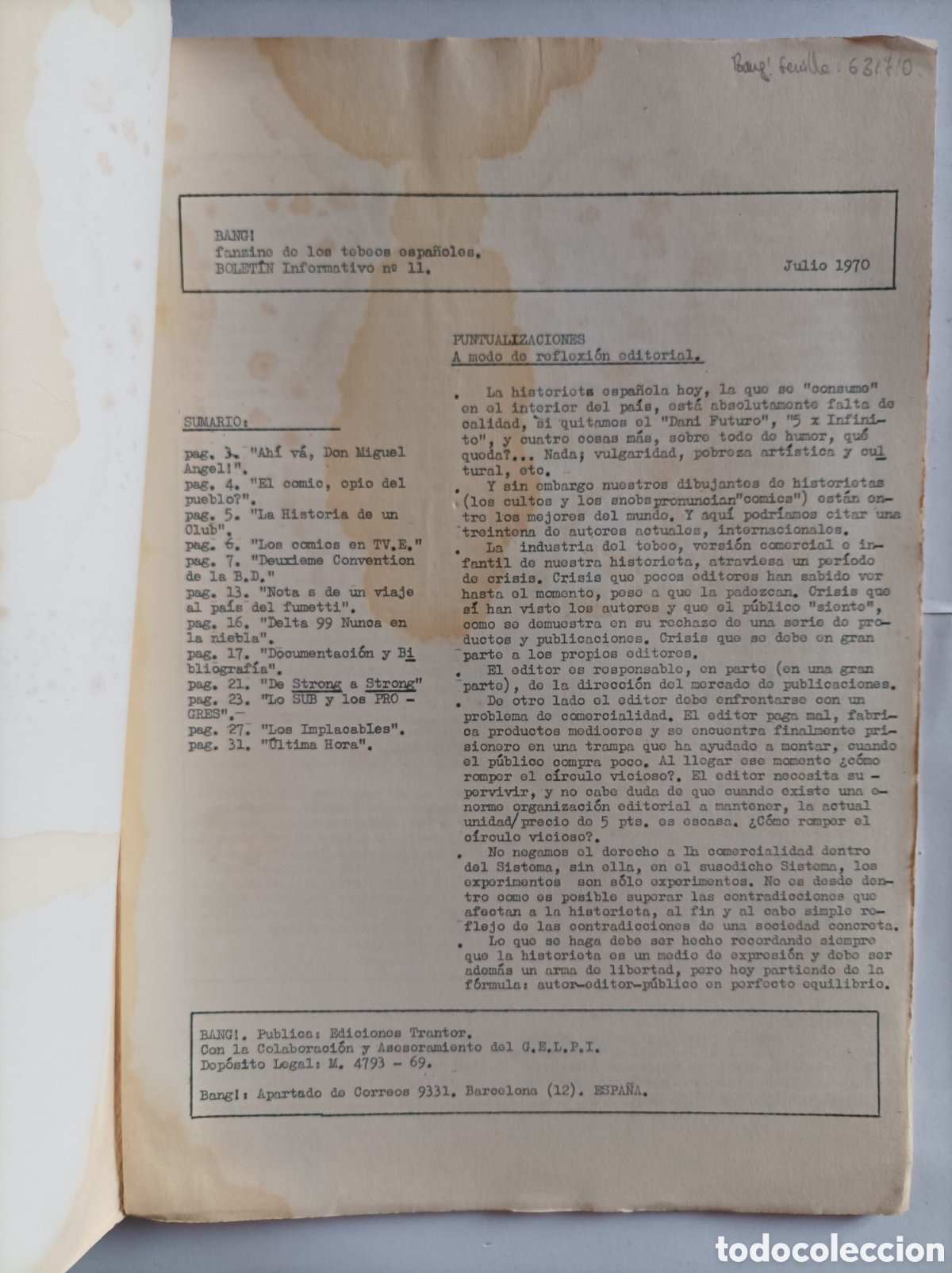 C&oacute;mics: BOLETIN INFORMATIVO N.&deg; 11. BANG. 1970. - Foto 2