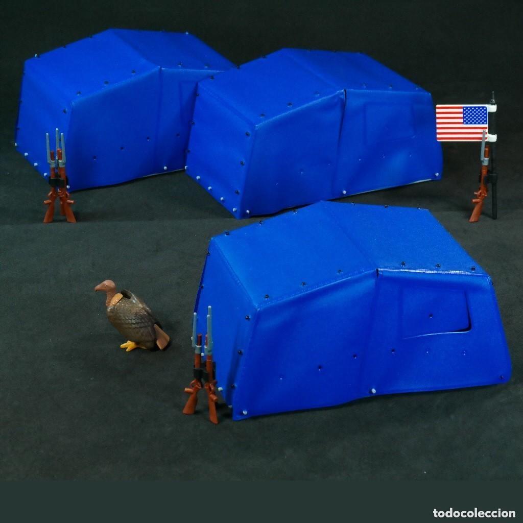 C&oacute;mics: Playmobil 3 carpas azules con rifles y buitre para campamento nordista ☼