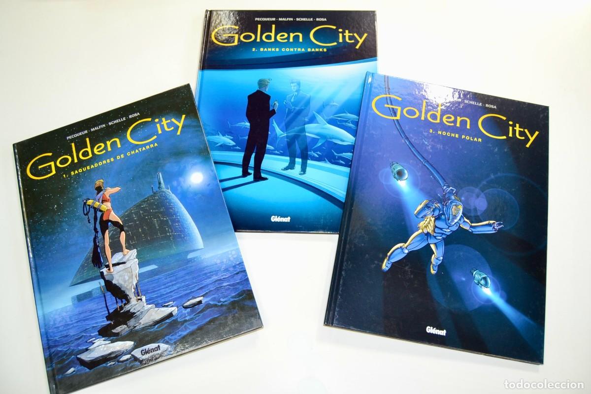 C&oacute;mics: Pecqueur / Malfin / Schelle / Rosa. C&oacute;mic &rdquo;Golden City&rdquo; (N&ordm;s 1, 2 y 3). Tapa dura. Muy buen estado.