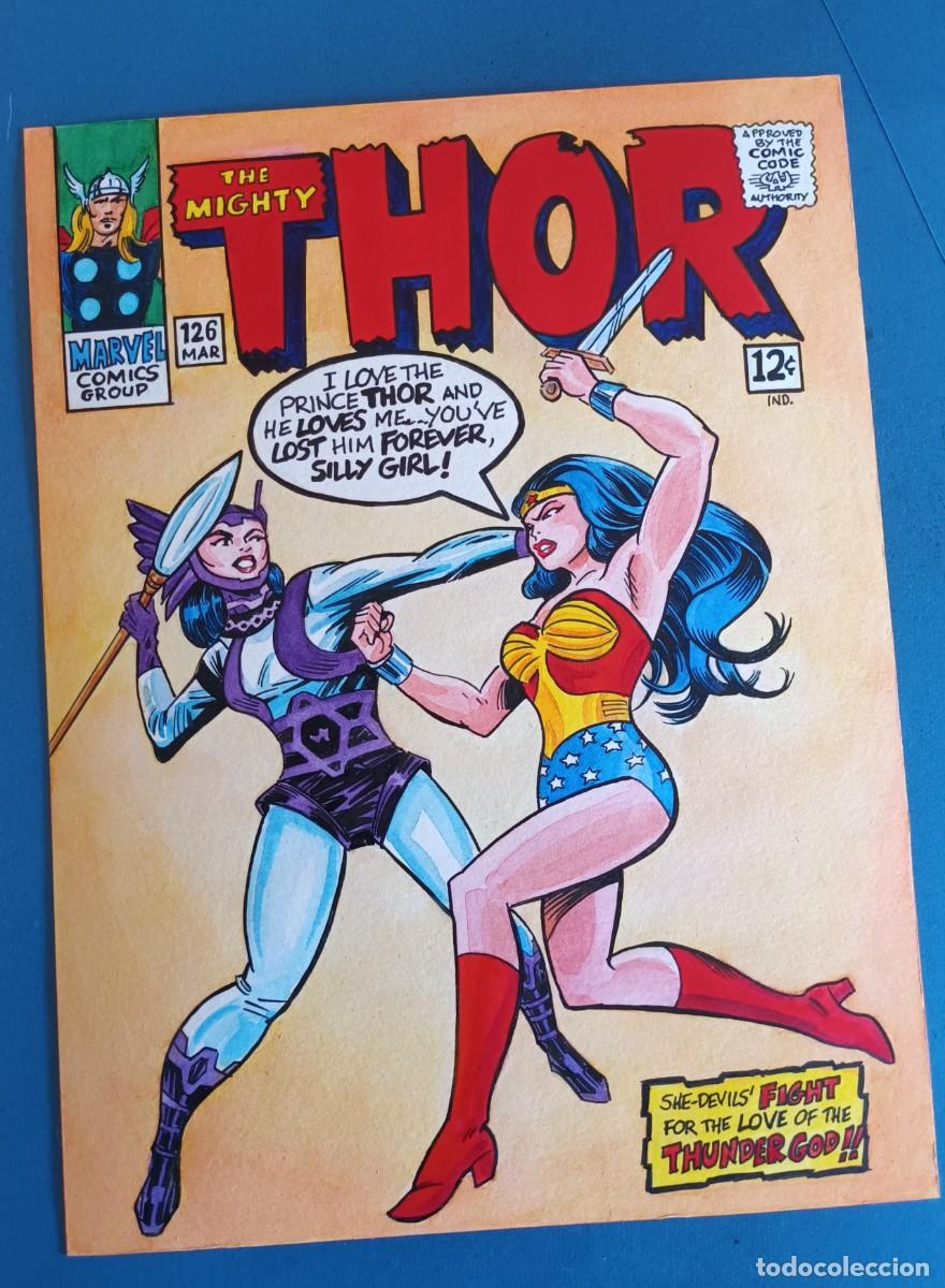 C&oacute;mics: Portada imaginaria de Thor con... Wonder Woman! Dibujo original. A4+