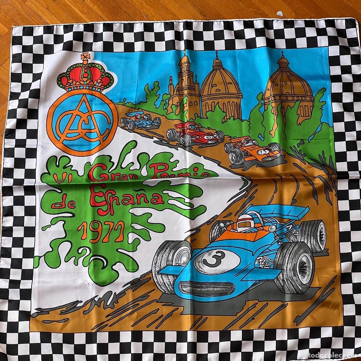 Coleccionismo deportivo: Gran pa&ntilde;uelo vintage del Gran Premio de Espa&ntilde;a de Formula 1 de 1971. 85 cm