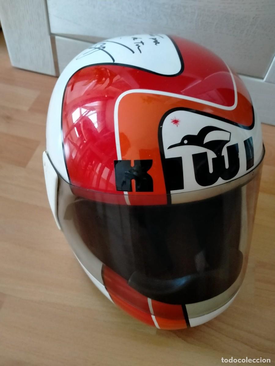 Coleccionismo deportivo: Casco Original Kiwi Jorge Mart&iacute;nez &rdquo;Aspar&rdquo; - A&ntilde;os 80 &Eacute;poca Derbi Tetracampe&oacute;n - Firmado y Dedicado