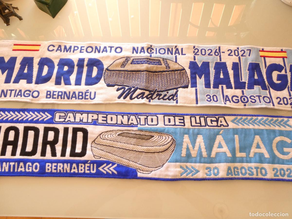 Coleccionismo deportivo: 2 MODELOS BUFANDAS F&Uacute;TBOL. REAL MADRID CLUB DE F&Uacute;TBOL VS M&Aacute;LAGA CF. LIGA 2026 2027 BERNABEU. 200GR