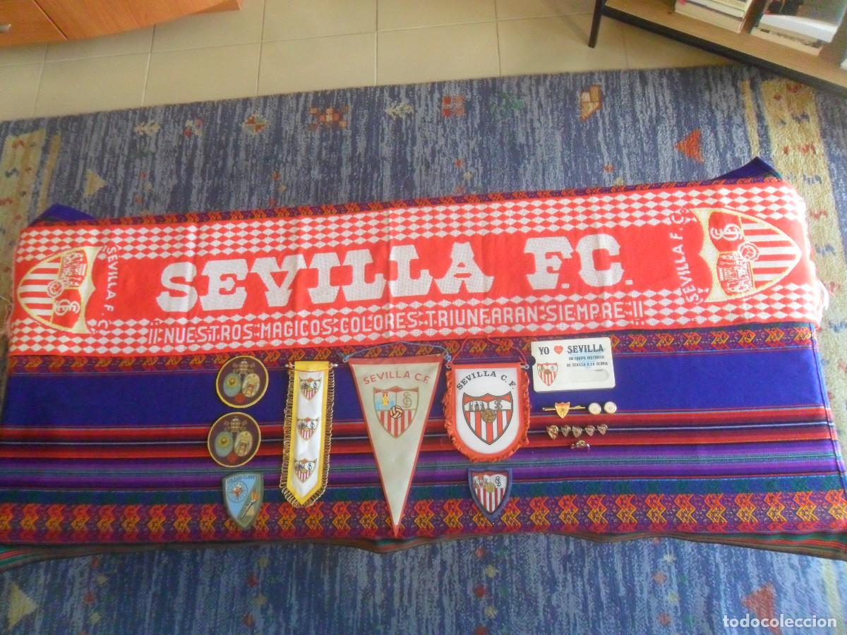 Coleccionismo deportivo: SEVILLA FC 6 PIN BUFANDA PISACORBATAS GEMELOS 3 BANDER&Iacute;N T&Iacute;TULO I TROFEO CIUDAD DE SEVILLA PARCHE