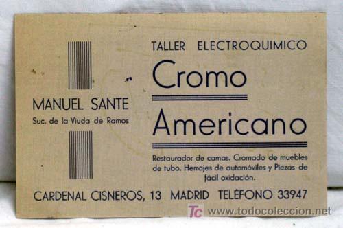 Coleccionismo cromos antiguos: Tarjeta visita Manuel Sante Taller Electroqu&iacute;mico Cromo americano restaurador camas a&ntilde;os 40