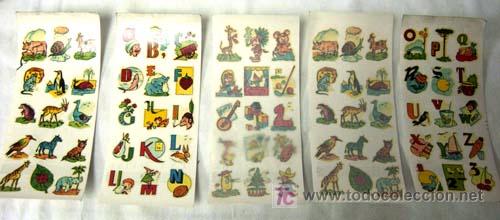 Coleccionismo cromos antiguos: Coleccion de 5 hojas de calcoman&iacute;as de dibujos de animales personajes y letras de Ortega