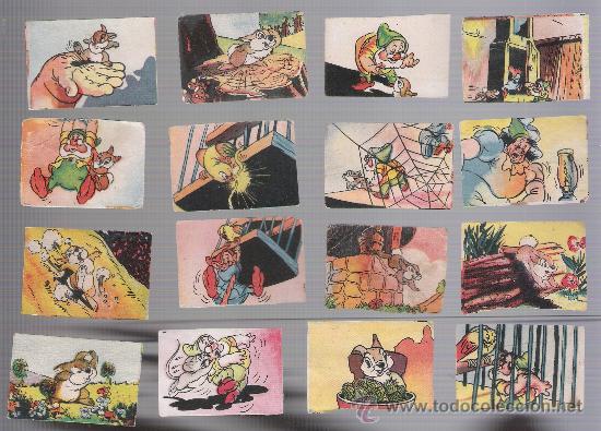 Collectable Antique Stickers: Los Siete Enanitos y el Conejito Thumper. Bruguera 1944. Lote de 12 cromos.