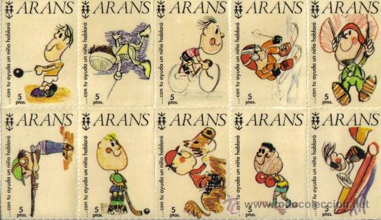 Coleccionismo Cromos antiguos: DIEZ SELLOS-CROMOS DE ARANS CINCO PESETAS, AYUDALES A HABLAR, LLEVA EL SEGUNDO PAPEL ORIGINAL.