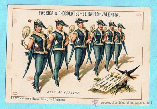 Coleccionismo Cromos antiguos: CHOCOLATE CHOCOLATES EL BARCO. BARAJA. 6. SEIS DE ESPADAS. FINALES DEL SIGLO XIX.