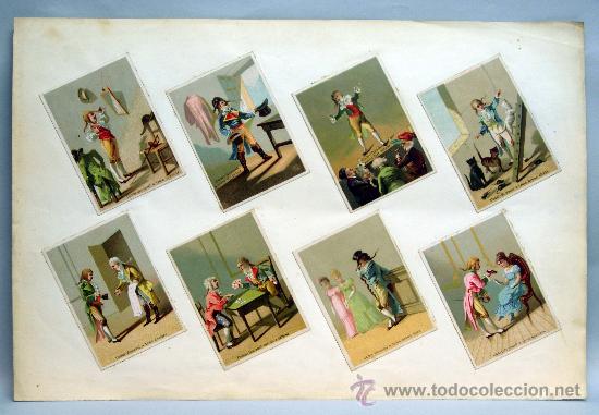 Collectable Antique Stickers: 8 cromos franceses Cadet Roussel a trois ... canci&oacute;n infantil Francia pegados l&aacute;mina Finales s XIX