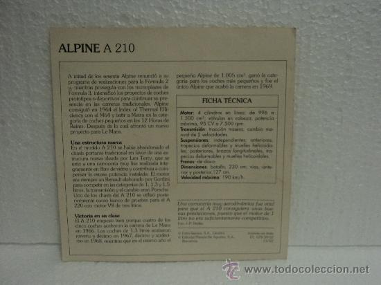 Coleccionismo cromos antiguos: FICHA AUTOS DE COLECCION ALPINE A 210 - Foto 2