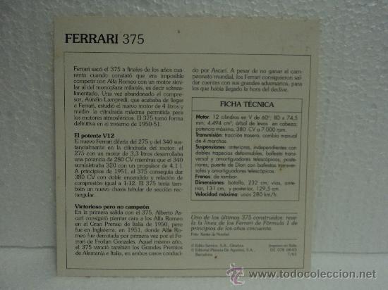 Coleccionismo cromos antiguos: FICHA AUTOS DE COLECCION FERRARI 375 - Foto 2